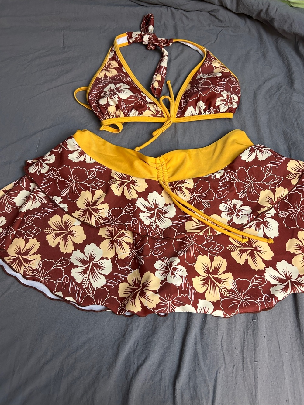 Floral Halter Bikini Top and Skirt Swim Set - Maroon & Yellow